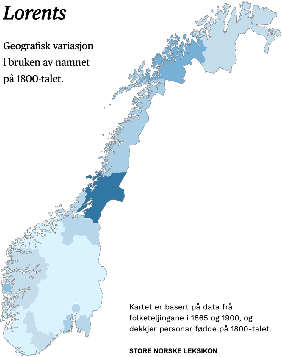 Geografisk variasjon i bruk av namnet Lorents på 1800-talet.