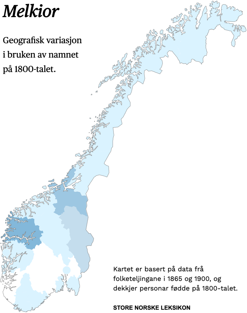 Geografisk variasjon i bruk av namnet Melkior på 1800-talet.