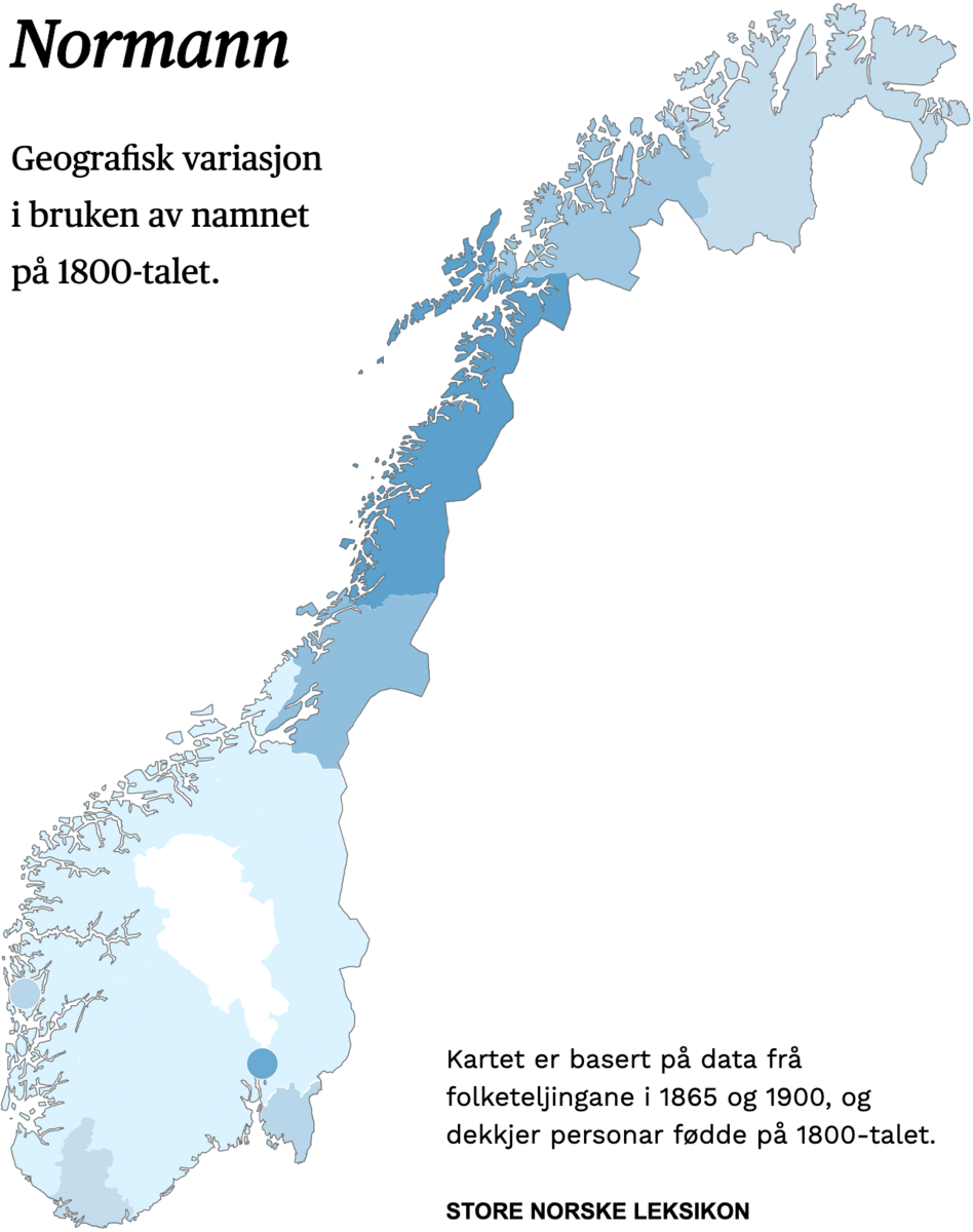 Geografisk variasjon i bruk av namnet Normann på 1800-talet.