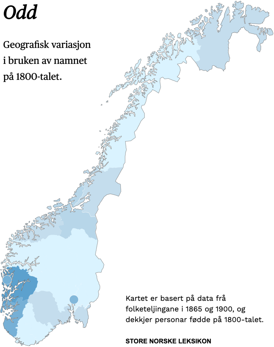 Geografisk variasjon i bruk av namnet Odd på 1800-talet.