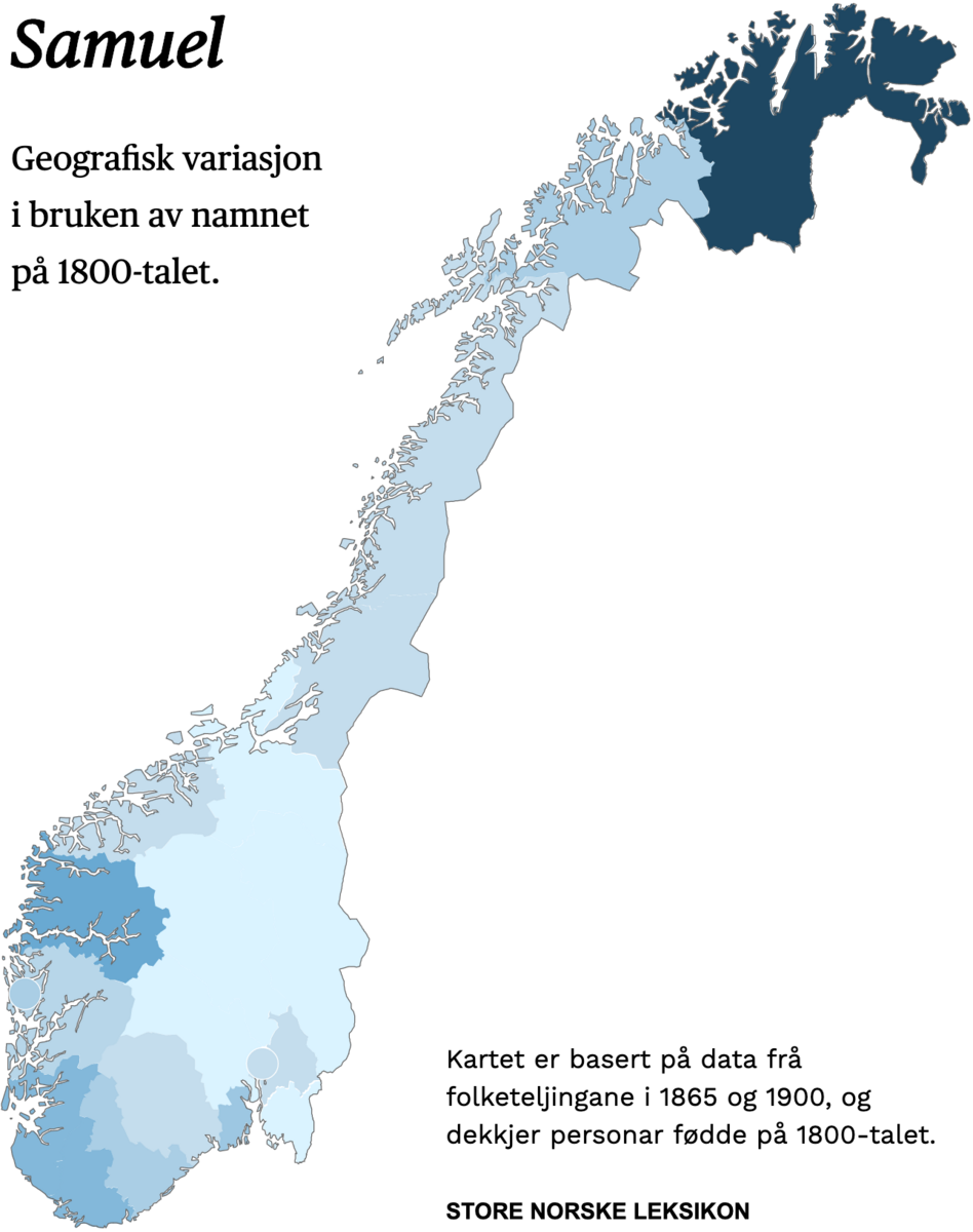 Geografisk variasjon i bruk av namnet Samuel på 1800-talet.