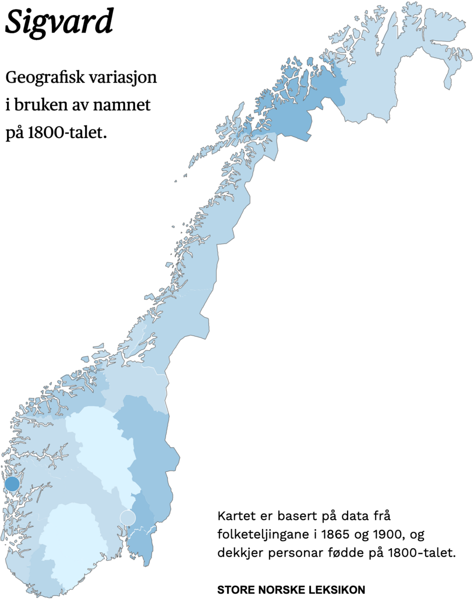 Geografisk variasjon i bruk av namnet Sigvard på 1800-talet.