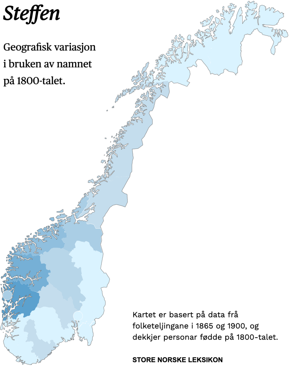 Geografisk variasjon i bruk av namnet Steffen på 1800-talet.