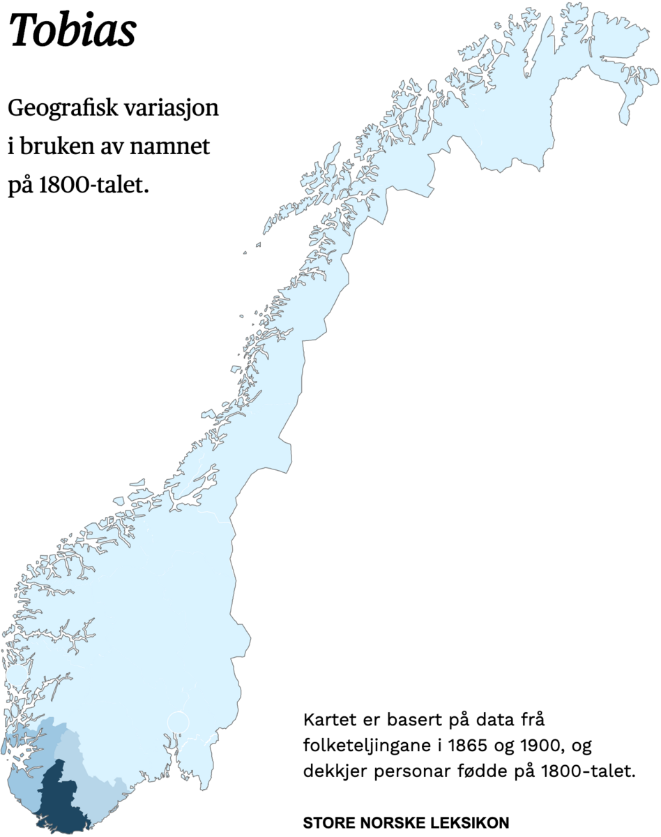 Geografisk variasjon i bruk av namnet Tobias på 1800-talet.