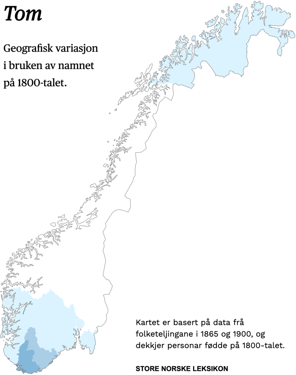 Geografisk variasjon i bruk av namnet Tom på 1800-talet.