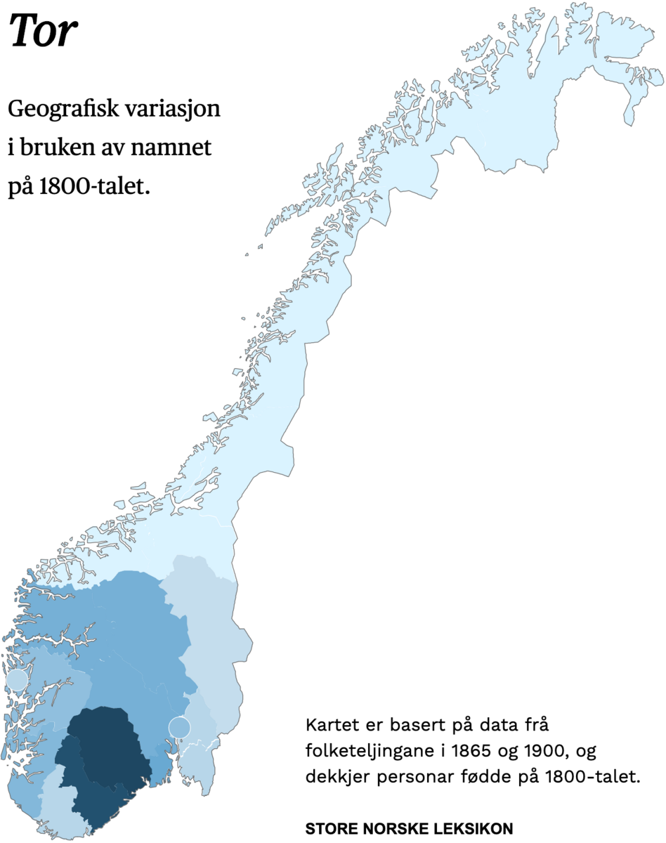 Geografisk variasjon i bruk av namnet Tor på 1800-talet.