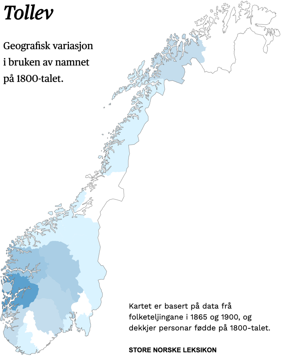 Geografisk variasjon i bruk av namnet Tollev på 1800-talet.