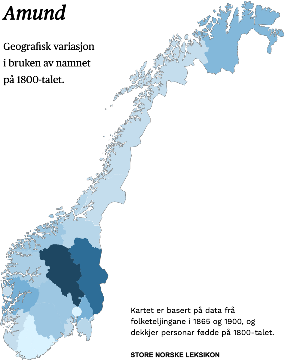 Geografisk variasjon i bruk av namnet Amund på 1800-talet.