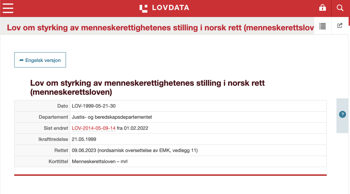 Skjermbilde av menneskerettsloven fra lovdata.no