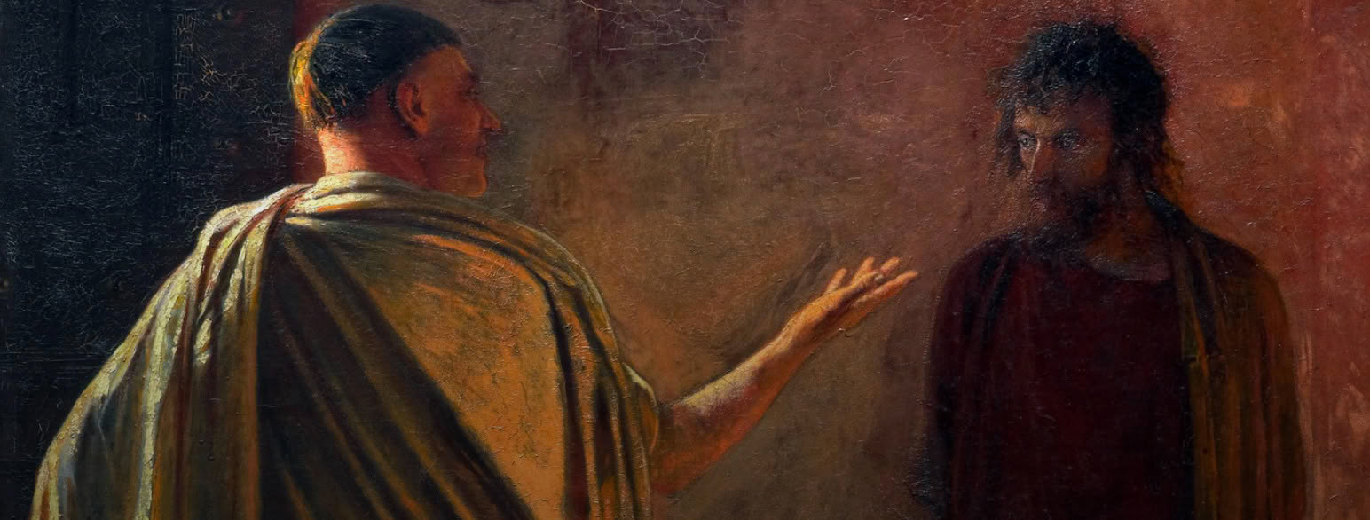 Maleriet «Hva er sannhet» (1890). Pontius Pilatus og Jesus Kristus. 