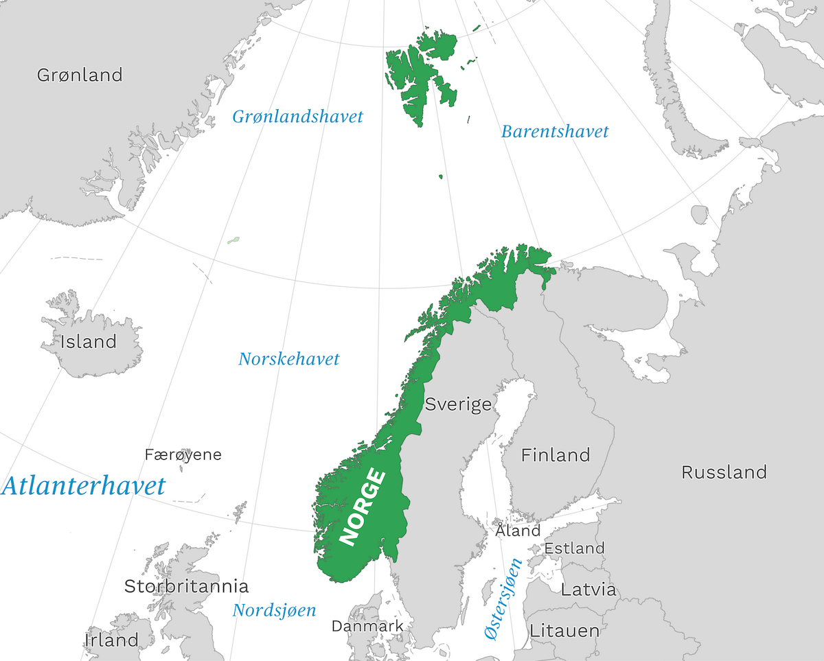 Kart som viser plassering av fastlands-Norge og Svalbardmed naboland rundt