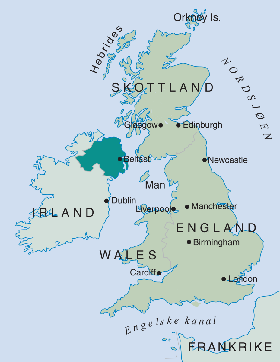 Kart over Irland og Storbritannia, Nord-Irland markert i mørk grønnfarge