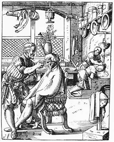 Scene fra barberstue på slutten av 1500-tallet. Tresnitt av Jost Amman.
