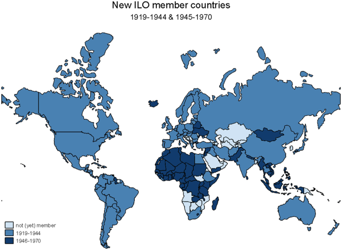 A world map highlights the non-member and the new I L O member countries from 1919 to 1944 and 1945 to 1970. Major areas are highlighted for the years 1919 to 1944.