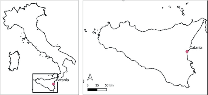 Two maps. The first map is of Italy with Catania marked in the south. The second map is the map of Sicily with the location of Catania marked to the East.