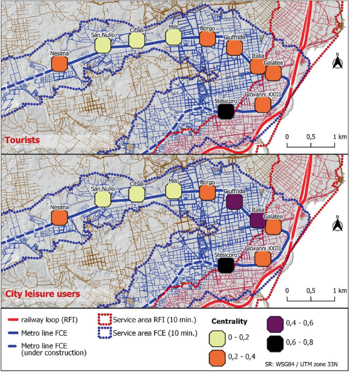 Two maps of study area for urban centrality. The first map is of tourists with Nesima, Borgo, Giuffrida, Italia, Galatea, and Giovanni at 0.2 to 0.4, San Nullo, Cibali, and Milo at 0 to 0.2, and Stesicoro at 0.6 to 0.8. The second map is of city leisure users with Giuffrida and Italia at 0.4 to 0.6.