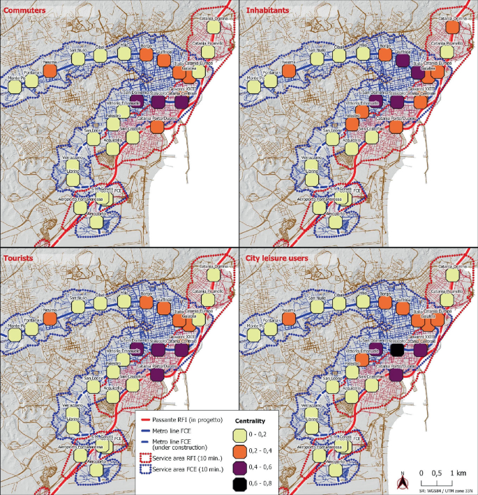 Four maps of study area for urban centrality. The maps are for commuters, inhabitants, tourists, and city leisure users. The highest centrality of 0.6 to 0.8 is at Stesicoro for city leisure users.