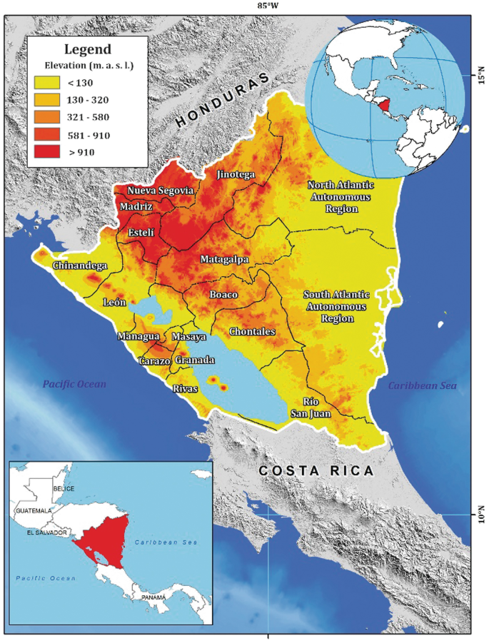 A map highlights Nicaragua, a Central American country bordering Costa Rica and Honduras. Elevation ranges from less than 130 to over 910 meters, with the highest points in Nueva Segovia, Madriz, and Estelí.