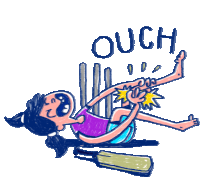 a cartoon of a woman laying on the floor with the word ouch written above her