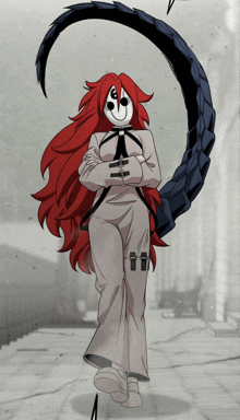 a woman with long red hair and a mask on her face stands with her arms crossed