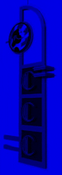 a blue background with a clock on top of a door