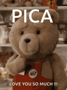 a teddy bear wearing a red apron with a help button on it