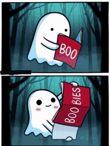 a cartoon ghost is reading a book titled boo boobs