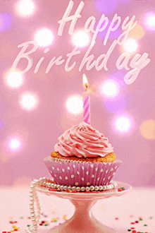 a pink cupcake with a lit candle and the words happy birthday on the bottom