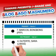 a person is filling out a ballot for marcos bongbong and vice president