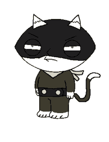 a drawing of a cat wearing a black and white superhero costume .