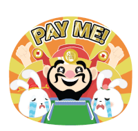 a pay me sticker with a cartoon character