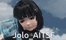 a girl in a video game is holding a sword and the words jolo aitsf are visible .