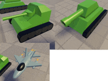 a cartoon drawing of a green tank and a jet