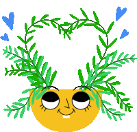 a cartoon drawing of a potted plant with a face and hearts around it