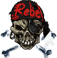 a pirate skull wearing a bandana that says rebel