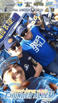 a group of men are posing for a picture with thunder alley written on the bottom