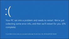 a blue screen that says your pc ran into a problem and needs to restart and then we 'll restart for you