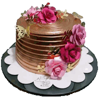 a cake decorated with pink roses and butterflies sits on a plate with a label that says ' agatha ' on it