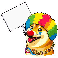 a dog wearing a clown wig is holding a sign above its head