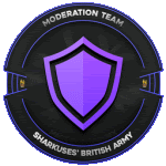 a purple shield in a black circle with the words moderation team sharkuses british army