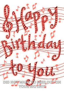 a happy birthday card with music notes and a treble clef .