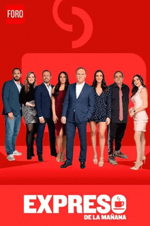 a group of people standing in front of a red background that says expresso