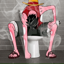 a cartoon character is sitting on a toilet with smoke coming out of it