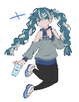 a drawing of a girl with pigtails holding a can of aquafina water