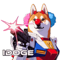 a dog wearing a clown costume and holding a gun with the word doge below it