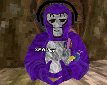 a video game character wearing a purple hoodie that says spakey