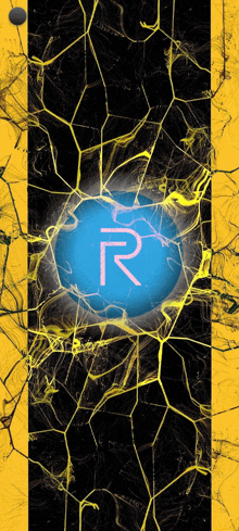 the letter r is in a blue circle on a black and yellow background