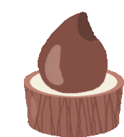 a cartoon drawing of a cupcake with chocolate frosting on top of a wooden stump