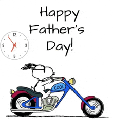 a cartoon of snoopy riding a motorcycle with the words happy father 's day on the bottom