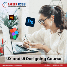 an advertisement for ux and ui designing course shows a woman using a laptop